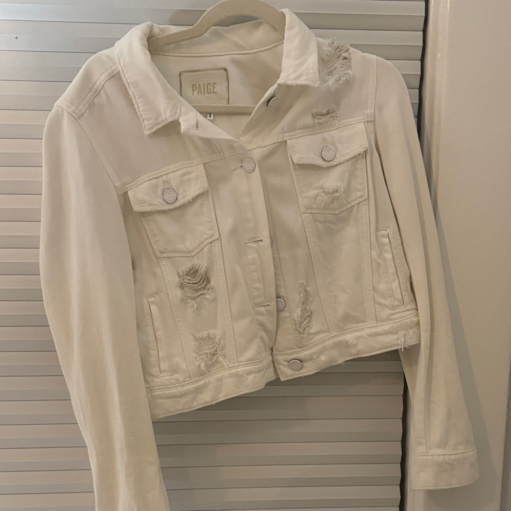 PAIGE Women's Cream Distressed Jean Jacket